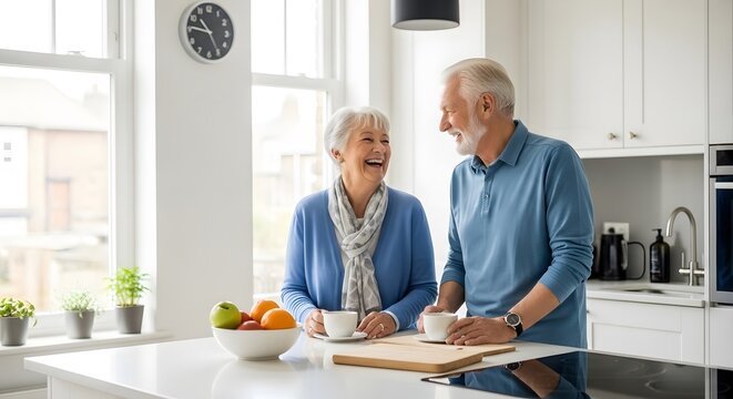 Elderly couple sharing a happy moment in their bright kitchen, smiling.