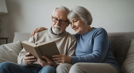Elderly couple sharing a tender moment, reading a book together on a comfortable sofa in their home.