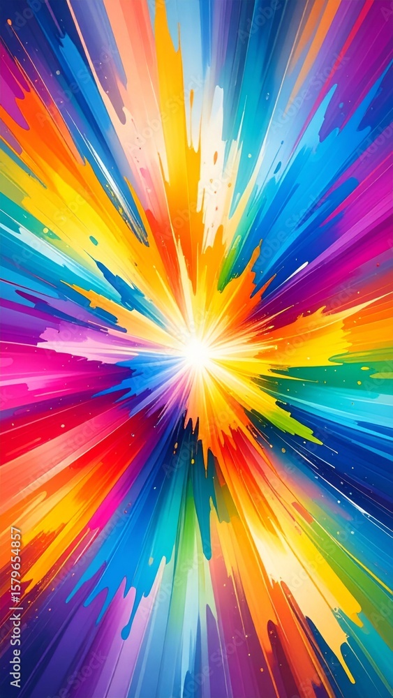Poster abstract radial explosion with rainbow colors and dynamic pixelated background
