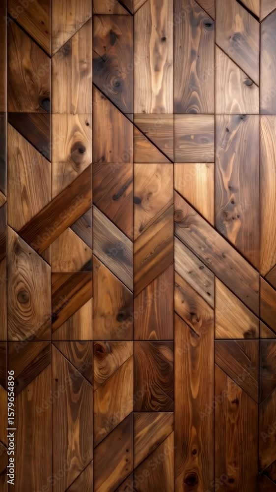 Poster decorative wood panel with alternating vertical, horizontal, and angled planks creating a geometric 