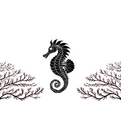 Fototapeta premium seahorses with intricate geometric tails, coral patterns, 