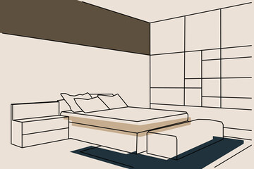 Cozy bedroom linear interior scene with furniture isolated on brown background. Hotel room in line art. Vector illustration.
