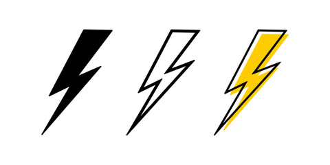 Set of thunderbolt icons. Lightning signs isolated on white background. Flash light, energy or battery charge symbols. Shock, danger or angry cartoon pictograms. Vector graphic illustration.