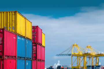 Colorful shipping containers stacked at a busy port under a clear blue sky