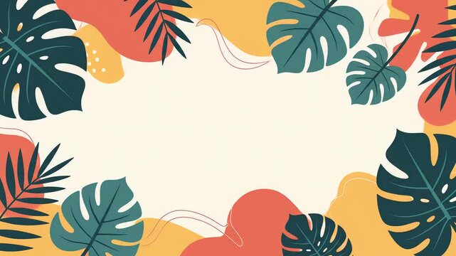 Tropical leaves and abstract shapes frame a cream colored background with blank space for text