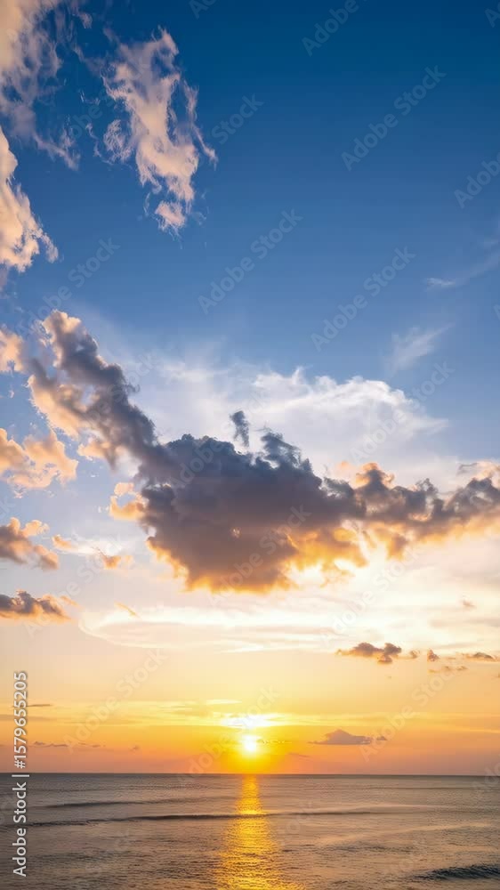 Poster golden sunset reflection over gentle ocean waves and colorful sky with scattered clouds, creating a 