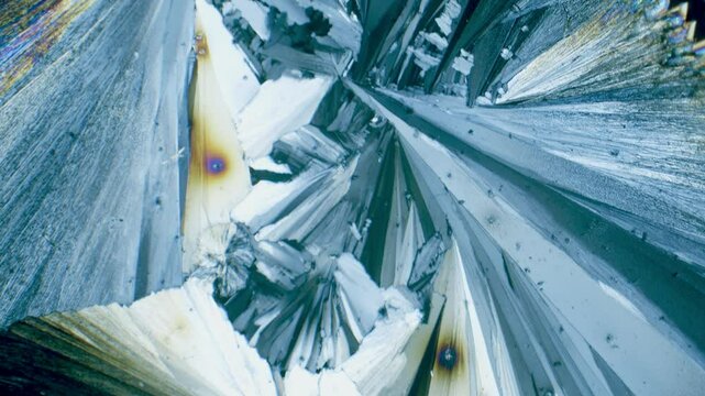 Copper sulphate crystals growing under microscope in polarized light