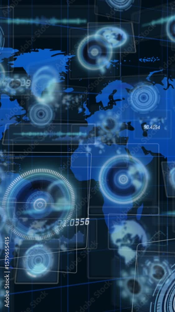 Poster animation of world map and moving screens over dark background