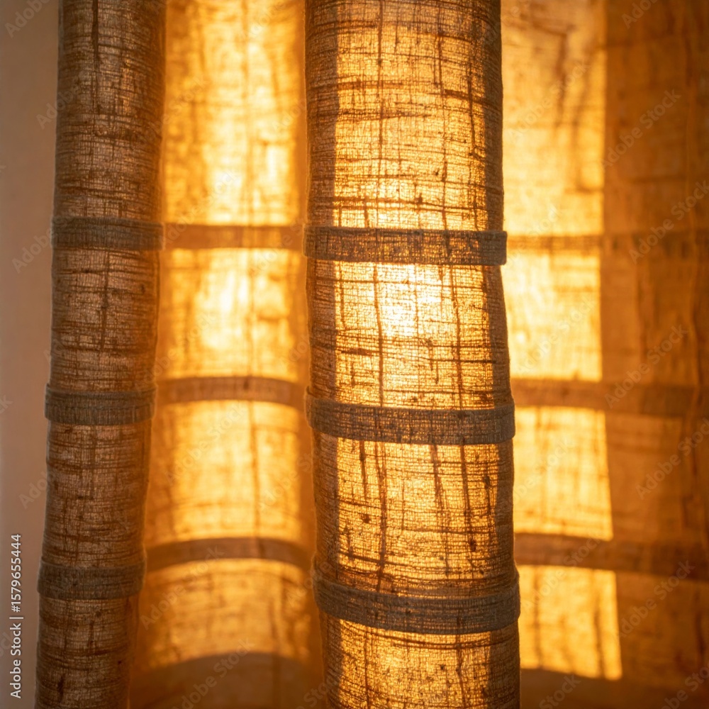 Poster warm beige linen curtain filtering sunlight through window with subtle texture