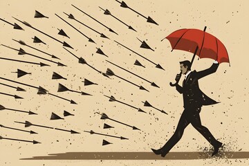 Flat vector of a businessman in a suit running with an umbrella, dodging falling red arrows. A finance-themed concept showing market decline on a beige background.

