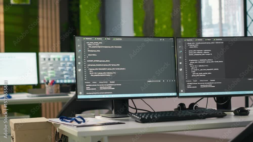 Fototapete pc screens on office desk used to design and implement algorithms enabling ai visualization. artific
