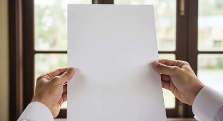 Blank Paper Mockup: Hands Holding a Clean Sheet in Front of Window
