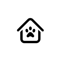 Outline icon of a small house with paw print symbol representing pet shelter, home, or boarding services