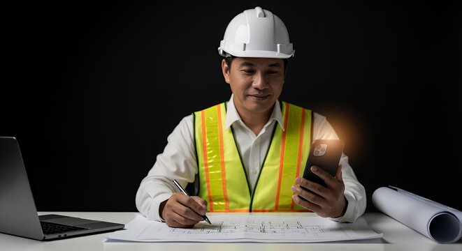 Engineer Working Late Night on Blueprints