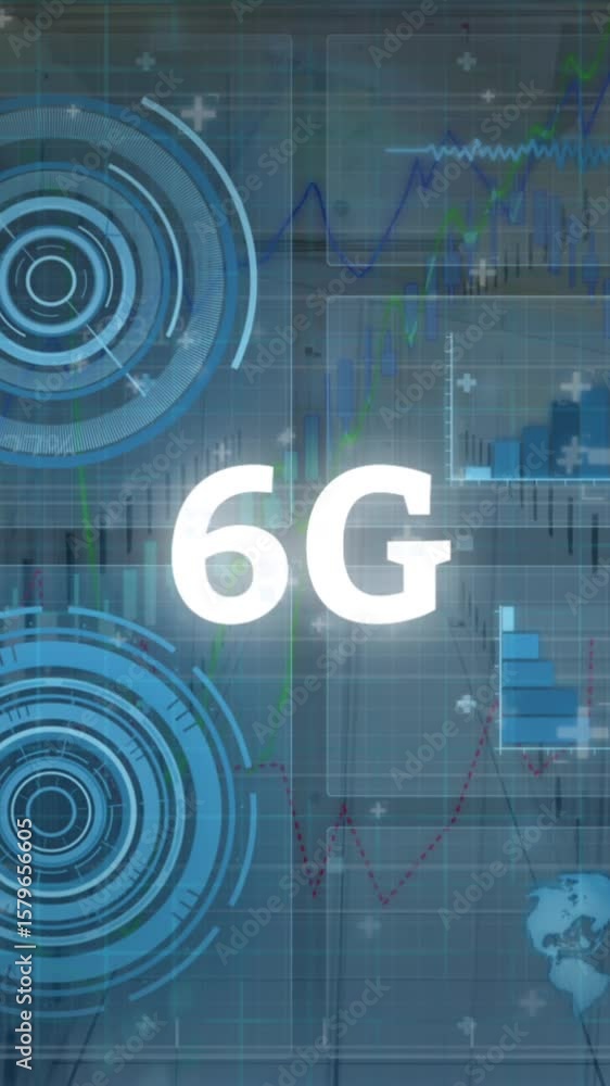 Poster animation of 6g text, statistics and data processing over computer servers background