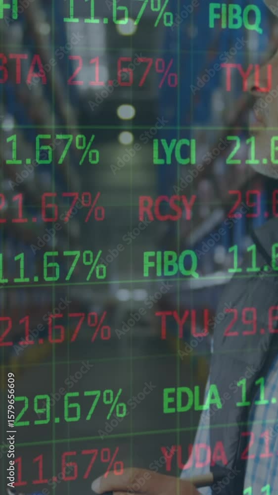 Poster animation of financial data processing over man working in warehouse