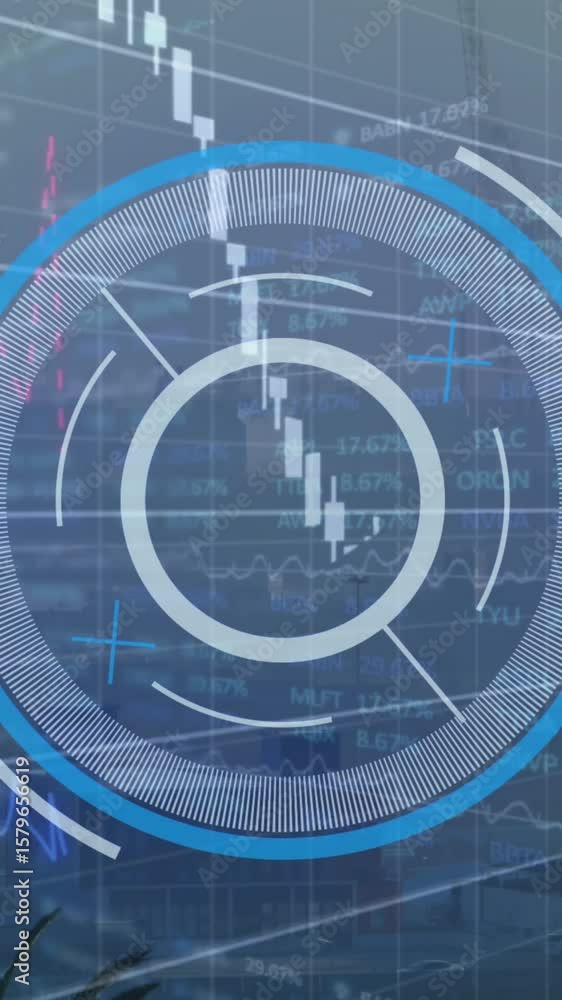 Aufkleber animation of round scanner and financial data processing against aerial view of cityscape