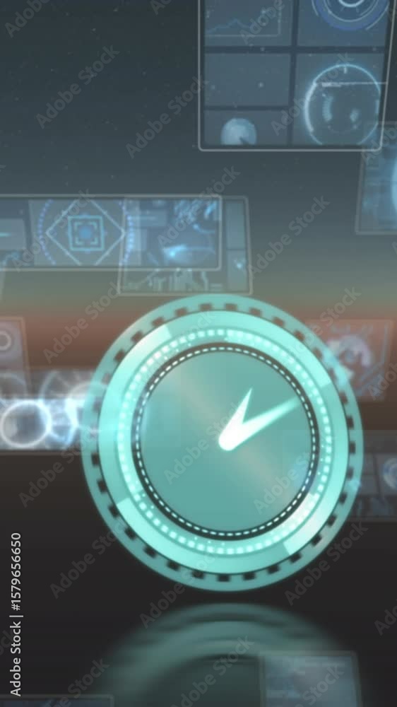 Poster neon digital clock ticking against multiple round scanners and data processing on blue background