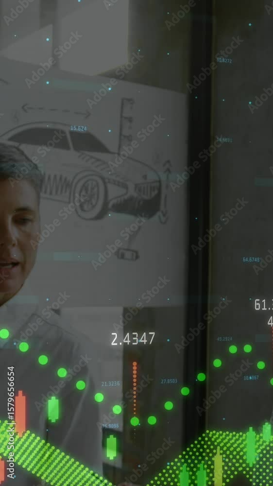 Poster animation of financial data processing and statistics over diverse business people