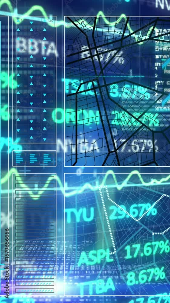 Poster animation of graphs, trading board, binary codes, programming language over navigation pattern