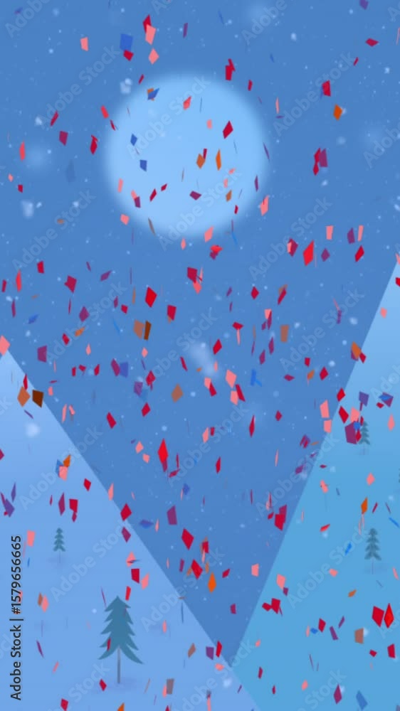 Poster animation of snow and red particles falling over winter landscape with copy space