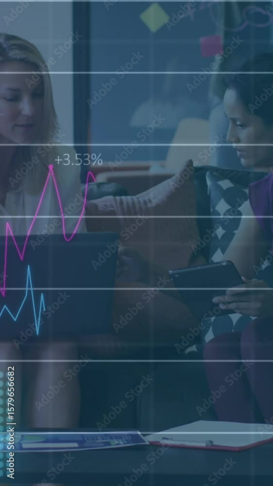Aufkleber animation of statistical data processing over two diverse female colleagues discussing at office