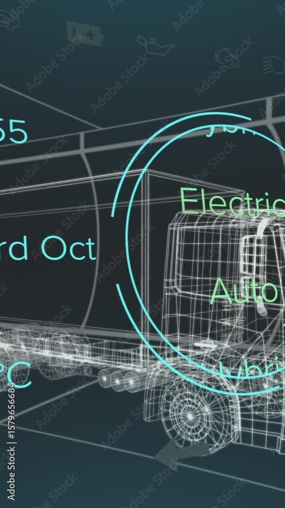 Poster animation of speedometer and data processing over 3d truck model against tunnel in seamless pattern