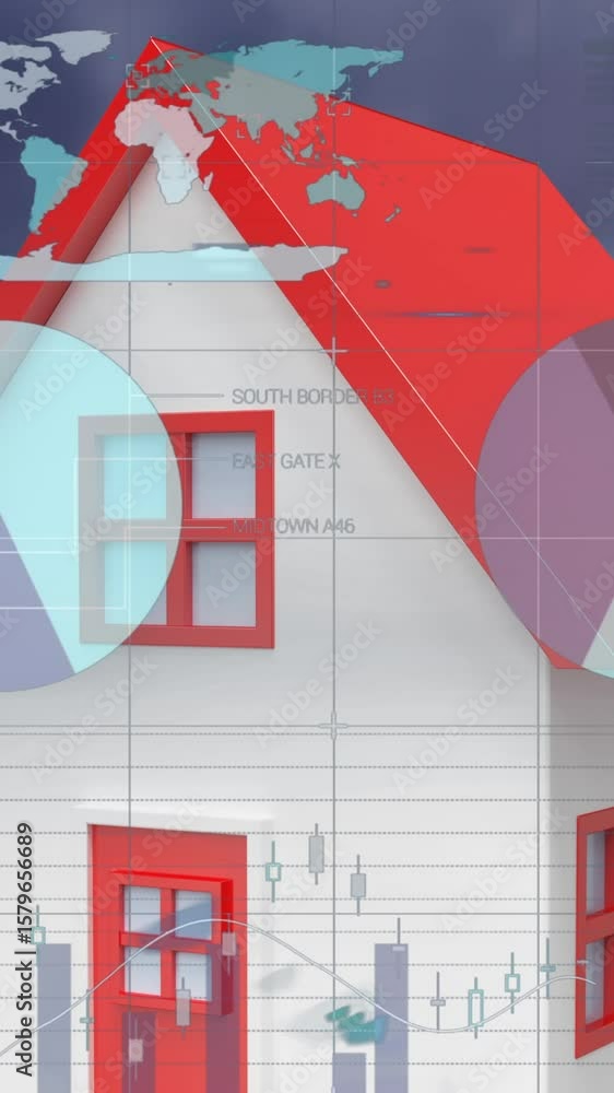Poster animation of statistical data processing over house icon against aerial view of tall buildings