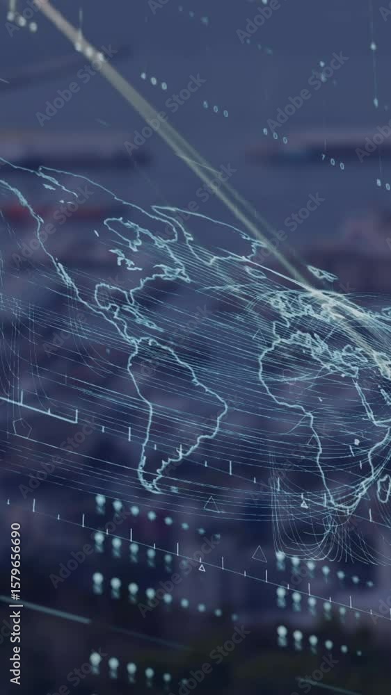 Poster animation of globe, loading bars and map against aerial view of port in background
