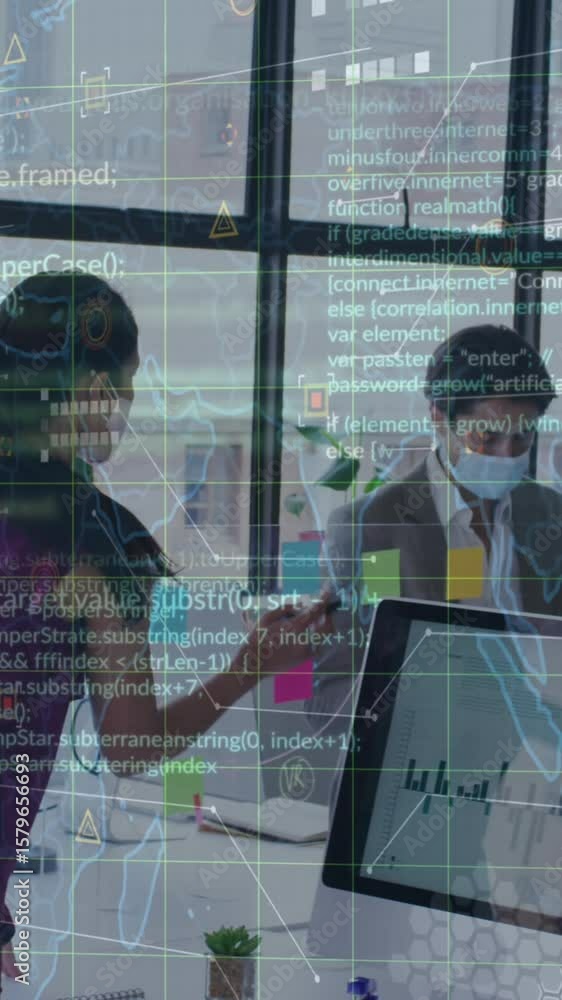 Poster animation of data processing over diverse business people in office