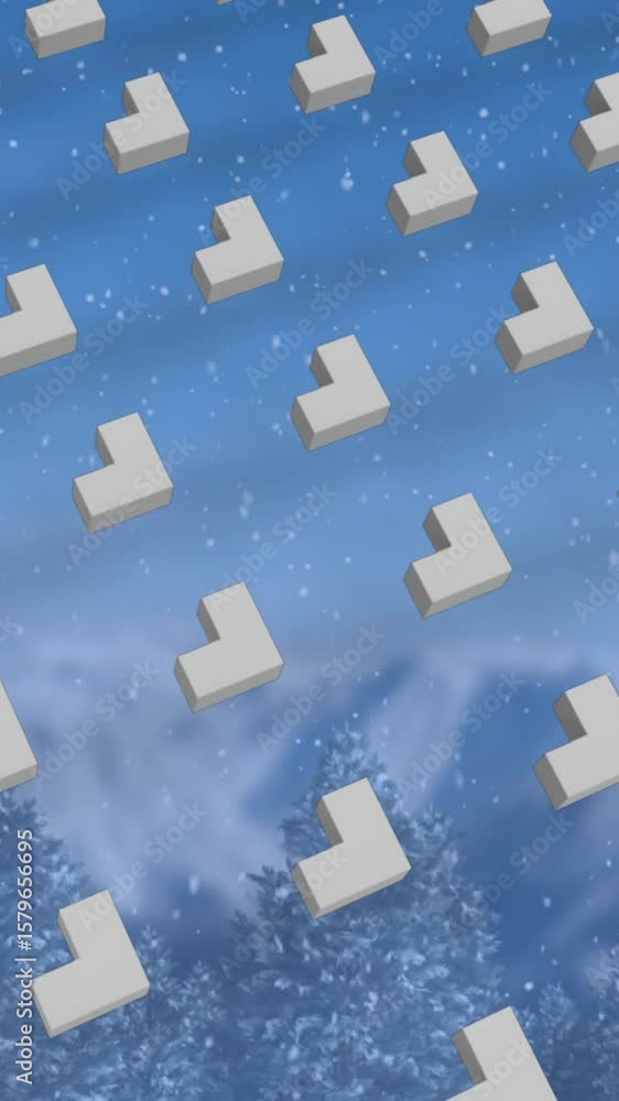 Poster animation of rows of abstract shapes pattern and christmas snow falling over winter scenery