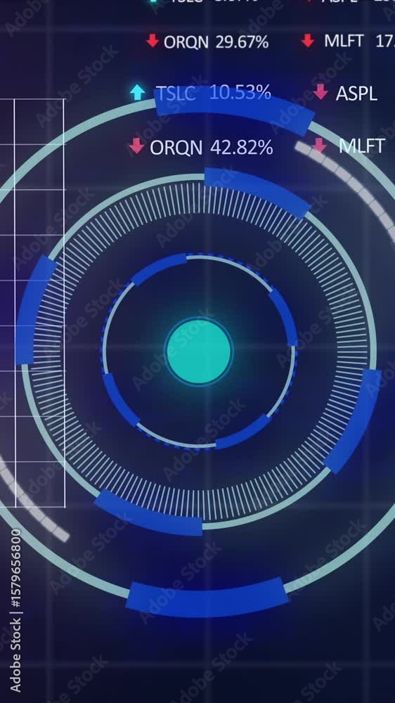 Poster animation of neon round scanner over statistical and stock market data processing on blue background