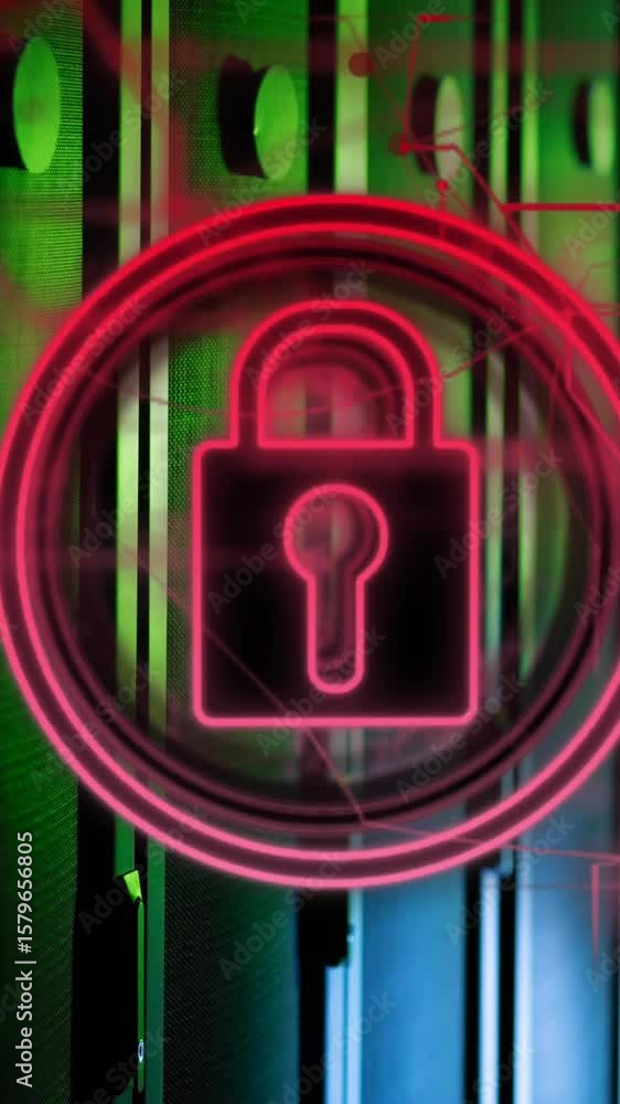 Poster animation of security padlock icon and pink light trails against computer server room