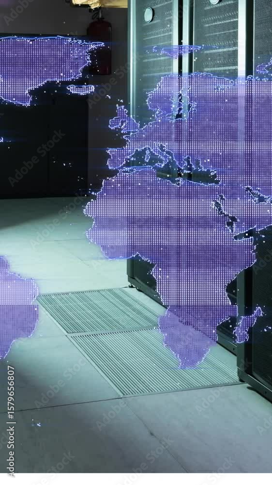 Poster animation of glitch effect over world map against computer server room