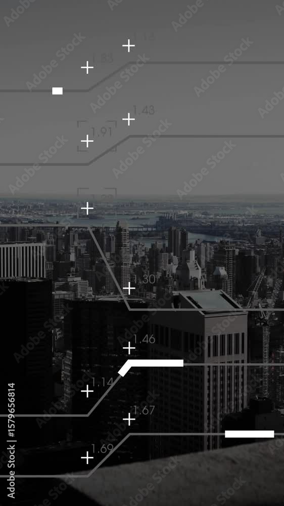 Poster animation of lines moving in circuit board pattern, computer language over modern city
