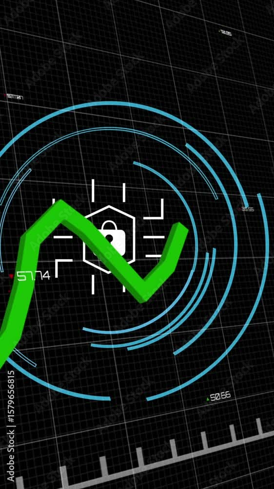 Poster animation of statistical data processing and security padlock over grid network on black background