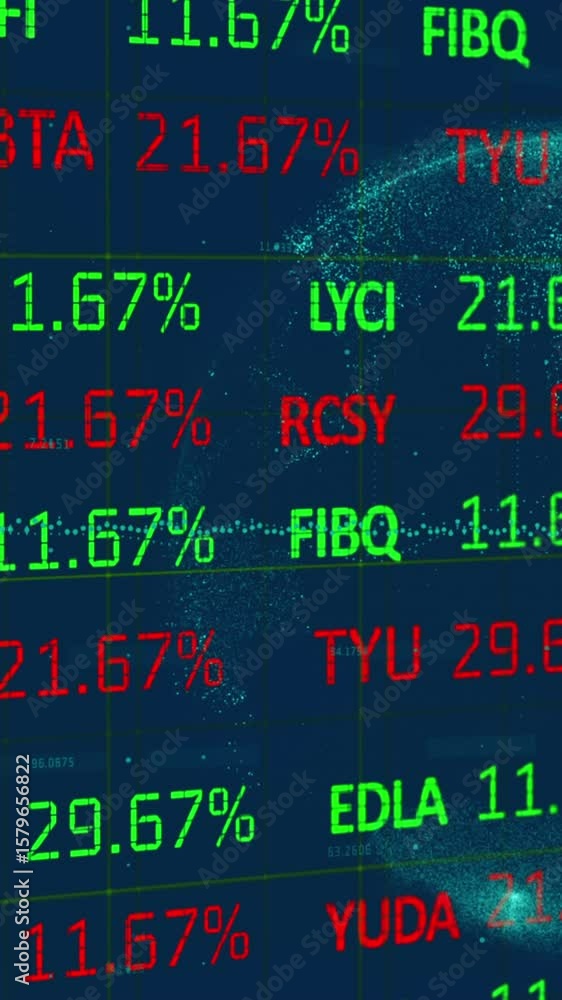 Poster animation of trading board over graph and illuminated globe against black background