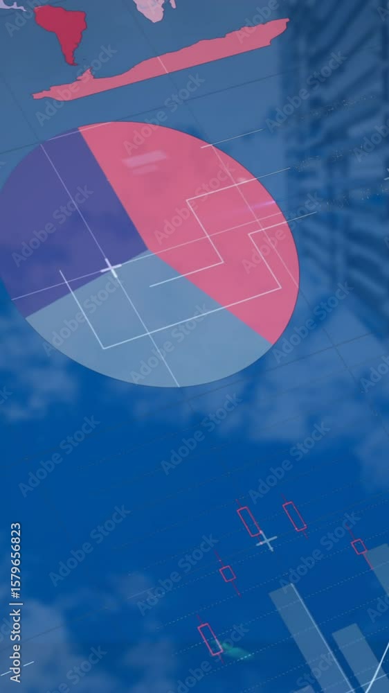 Poster animation of multicolored infographic interface over low angle view of building against cloudy sky