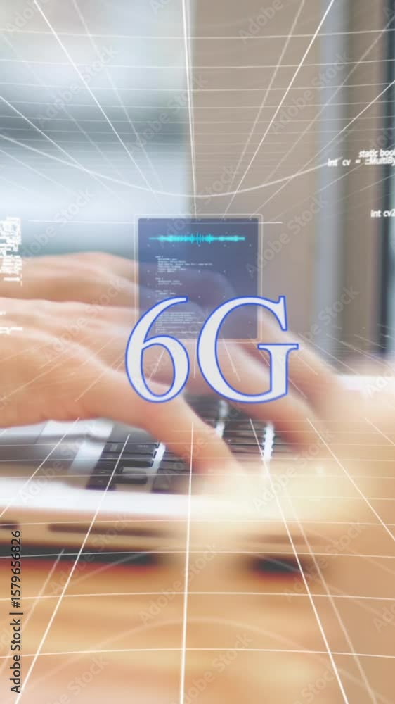 Poster animation of 6g text, globe and computer language, cropped hands of caucasian man typing on keyboard