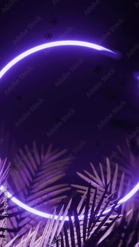 Poster animation of data processing and glowing purple neon circle on black background