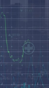 Animation of computer icons over graphs with changing numbers against modern city