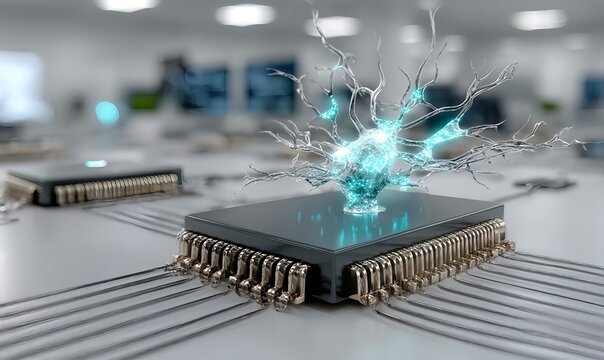 Clean technology layout showing a glowing AI chip connected to intricate circuit pathways representing artificial intelligence data systems