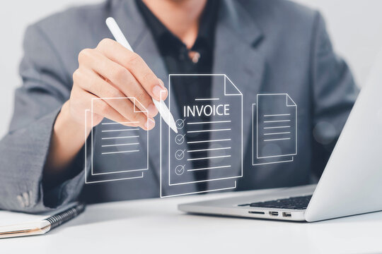 E-Invoice and Digital billing concept, Invoice, Businessman using laptop to manage electronic statements virtual screen. E-tax, Digital receipt, Online invoice processing and tax accounting solutions.
