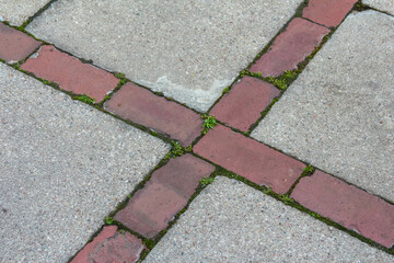 Decorative brick pattern walkway with alternating red and gray rectangular pavers creating geometric design