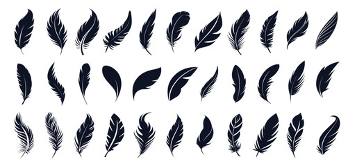 Bird feathers logotypes set. Black logo icons quill from bird wings. Writing and literature symbols vector