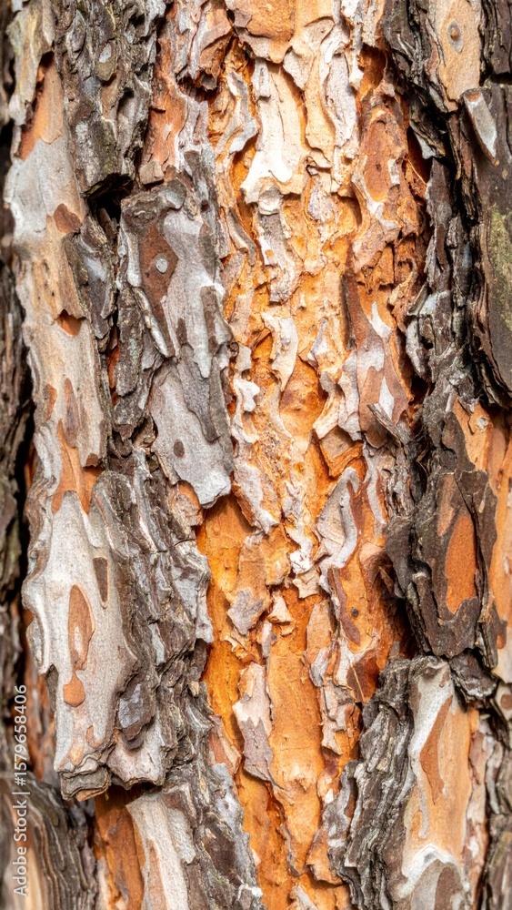 Poster close up of tree trunk bark texture featuring organic patterns in sunlight