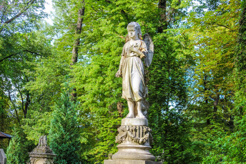 Obraz premium Classical stone statue of robed figure standing among lush green forest vegetation