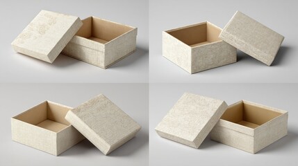 Four images show a square box with lid, tan textured, on a bright, plain surface