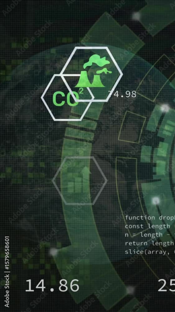Poster animation of eco icons, computing data processing over scope scanning