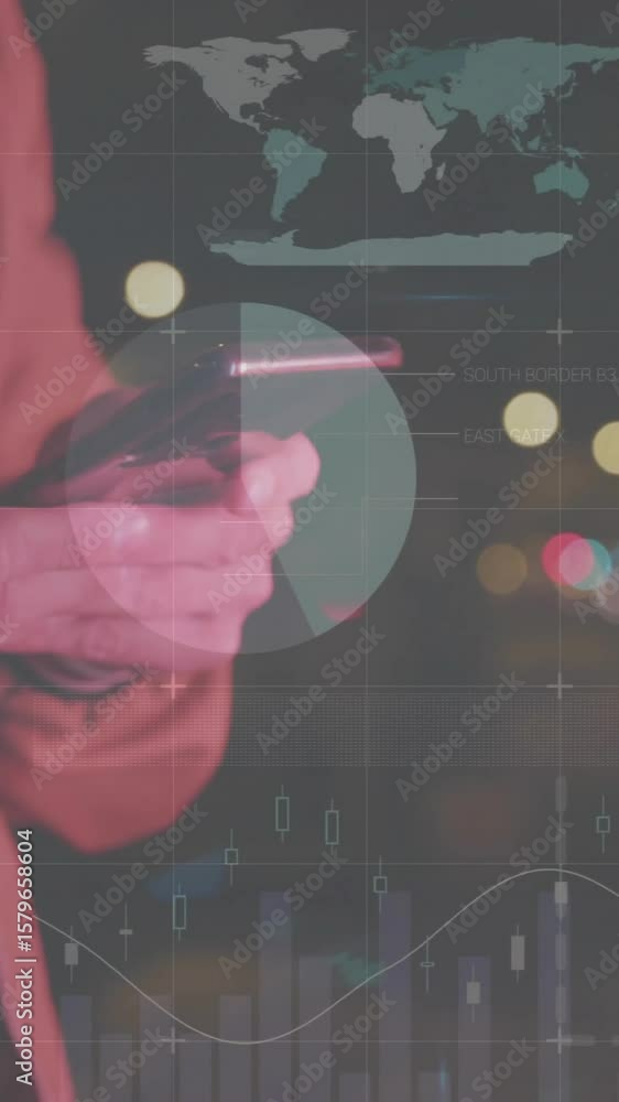 Poster animation of financial data processing over caucasian man with smartphone on the go